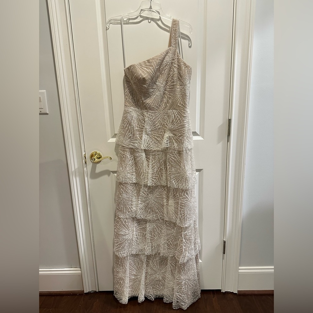 Marchesa One-Shoulder Cream Tiered Dress